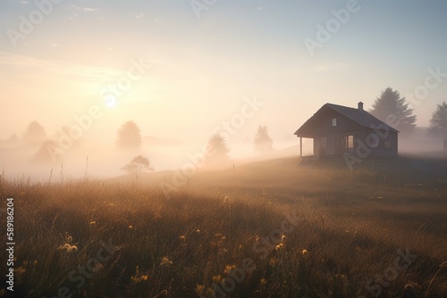 View of cabin on grassy landscape during foggy sunrise, Generative AI