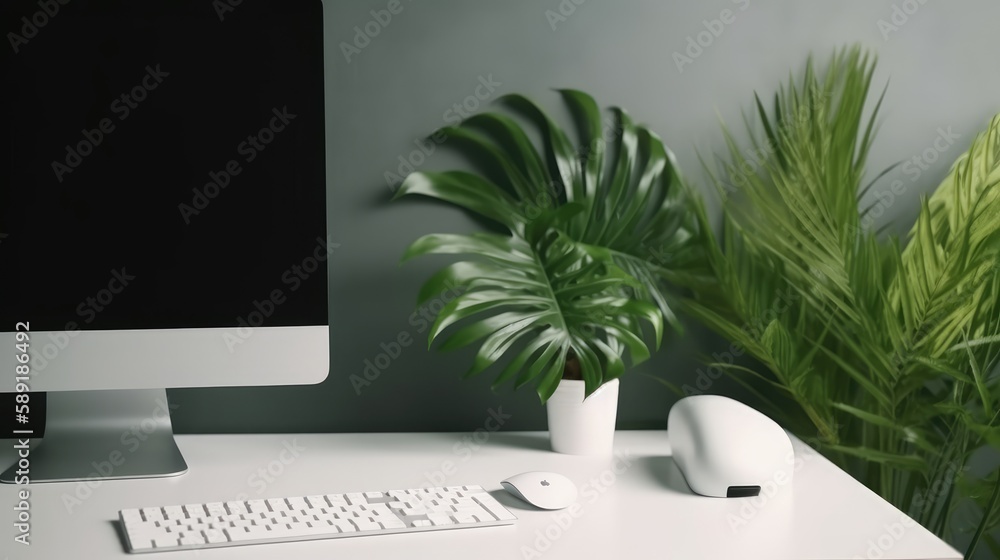 Pc screen on black luxury background with tropical leafs