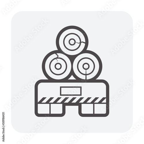 Log transportation vector icon. May called pile of long wood, timber on trailer truck at back or rear view. Vehicle to move, transport raw wood material on road from forest to sawmill factory.