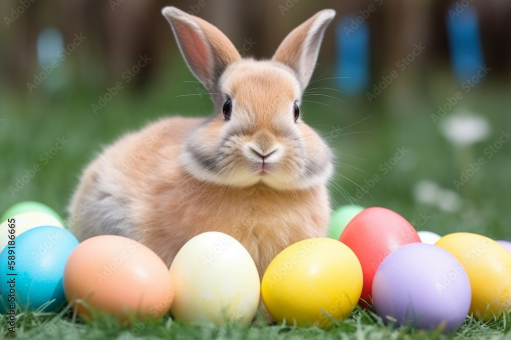 Easter bunny with colored eggs on green grass, Easter holiday celebration concept, generated ai Easter bunny with colored eggs on green grass, Easter holiday celebration concept, generated ai