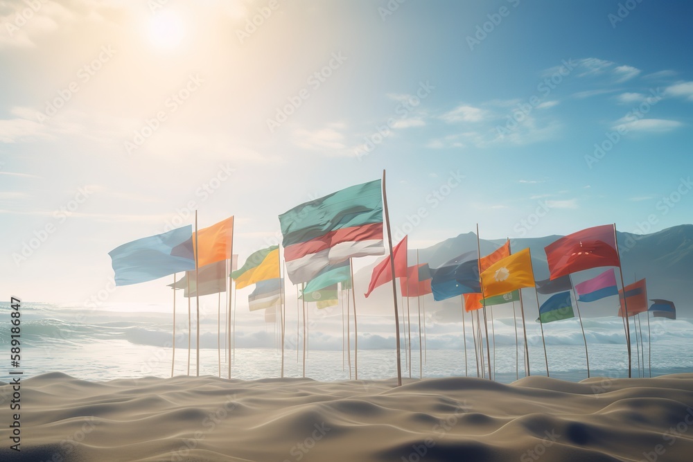 Fototapeta premium Waving flags on wind at beach, Generative AI