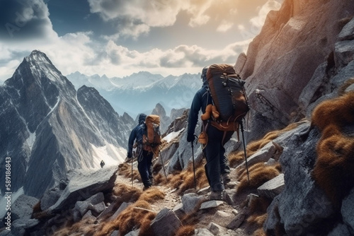 Tourists are moving towards the mountains behind which the sun rises, several climbers are moving towards the big mountains, active recreation, active lifestyle, generated ai