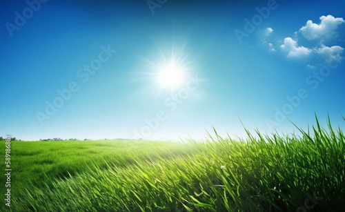 Beautiful field nature landscape background panorama with blooming glade, trees, hills and blue sky on a sunny day, generative ai