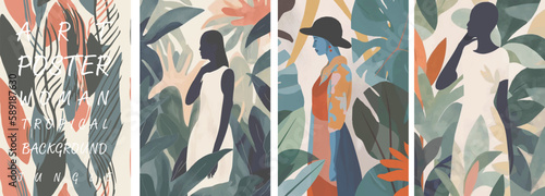 Young woman on a background of tropical leaves. Set of vector minimalistic illustrations. Pastel colors.