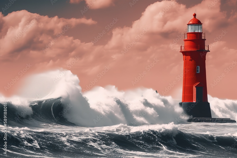 Red lighthouse near the North Sea coast, Generative AI