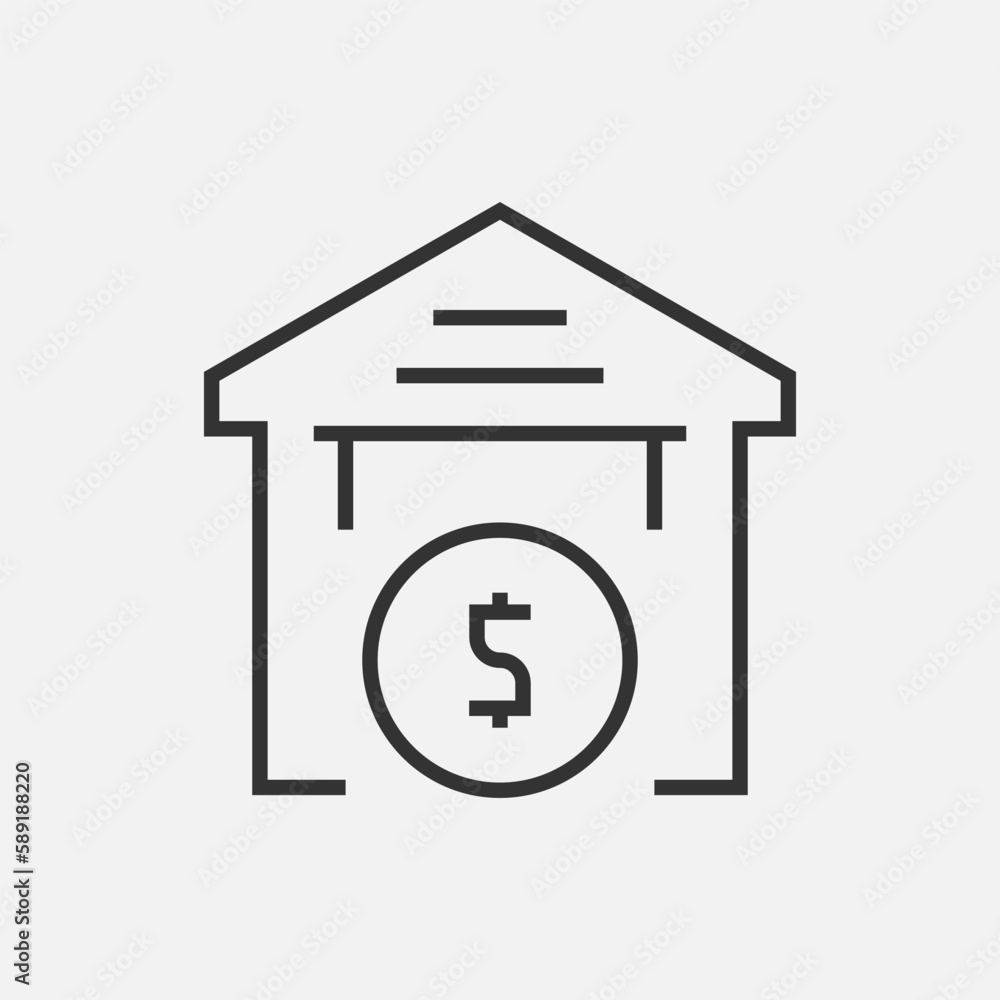 Black linear real estate for sale with dollar sign vector icon. House with money sign concept line design. Black linear real estate for sale with dollar sign vector icon. House with money sign concept line design.