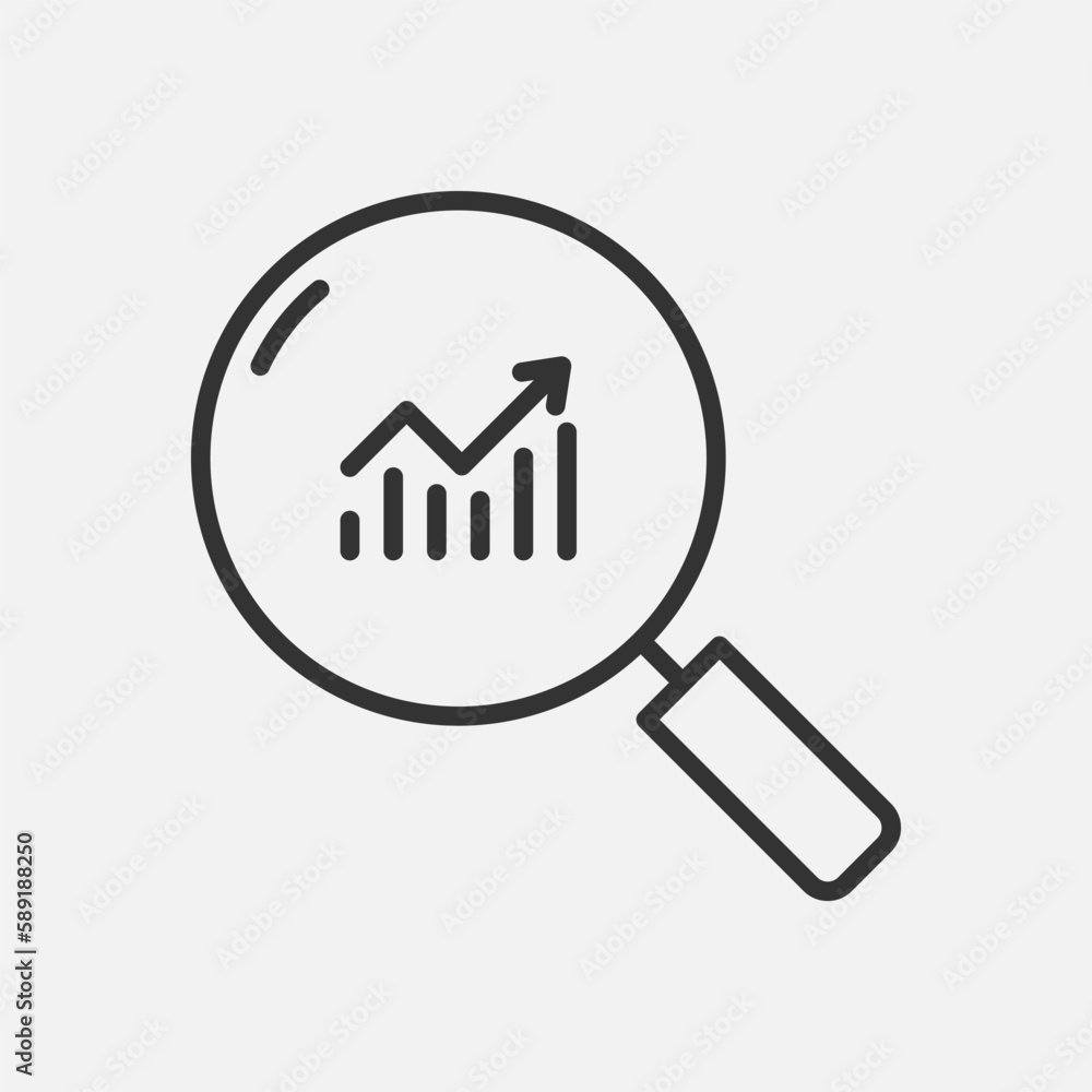 Black linear magnifier with growing charts and arrow vector icon. Graph analytics concept line design. Black linear magnifier with growing charts and arrow vector icon. Graph analytics concept line design.