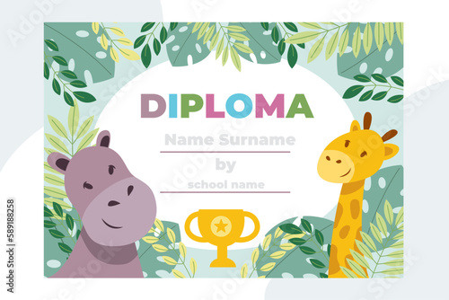 Kids diploma with woodland animals and Indian child for school, preschool, kindergarten.