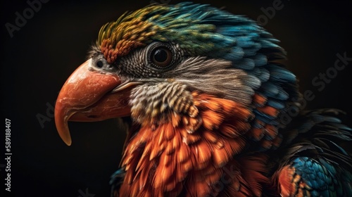 close up of a colorful bird isolated on dark background, rainbow colours, generative ai