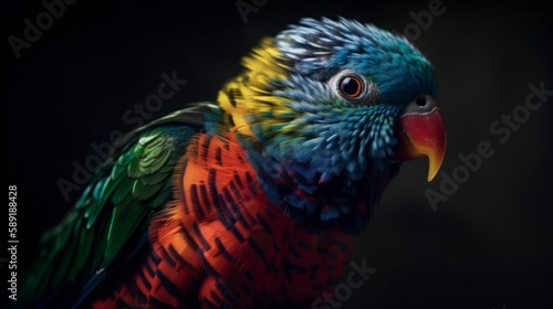 rainbow lorikeet parrot, close up of a colorful bird isolated on dark background, rainbow colours, generative ai