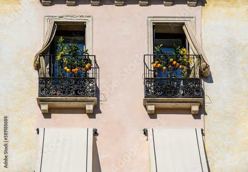 Orange trees and mimosa grow on two beautiful balconies