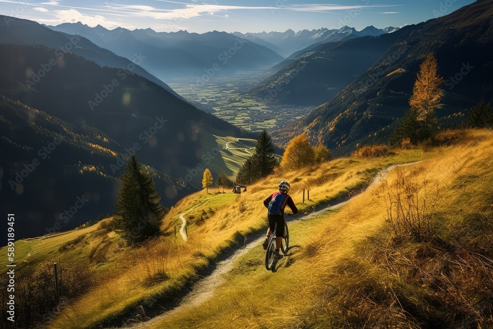 A mountain biker rides his bike in a beautiful landscape near Zell Am See at the Kaprun region, Austria. , Generative AI