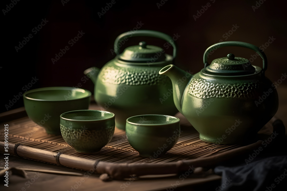Traditional Japanese Green tea setup with cups Traditional Japanese Green tea setup with cups