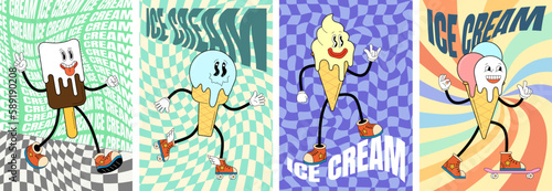 Chill vintage ice cream cone characters on funky artwork print. Trippy sweet treat mascots on poster set. Groovy hippie style dessert on vibrant multicolor backdrops. Stylish millennium vector banners