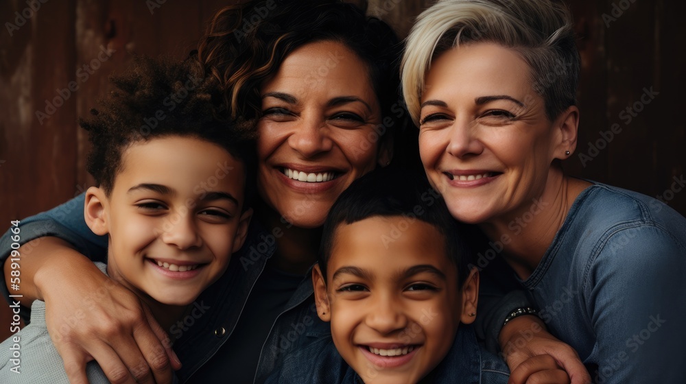 Obraz premium An image of a loving LGBT family, with two lesbian parents and their children, smiling and embracing each other, against a warm and welcoming background. Generative AI
