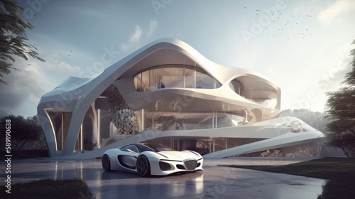 Experience Ultimate Luxury with a Stunning Bionic House & Stylish Supercar for Your Ultimate Drive under the Bright-Light Sky, Generative AI