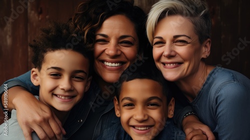 An image of a loving LGBT family  with two lesbian parents and their children  smiling and embracing each other  against a warm and welcoming background. Generative AI