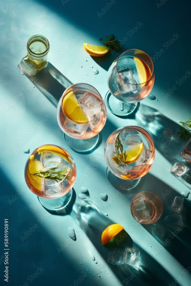 Fototapeta premium Overhead shot of a refreshing gin and tonic drink with sunlight and shadows. Generative ai