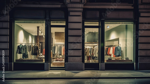 Contemporary Fashion in the Urban Landscape, A Stylish Shop Storefront at Night, Generative AI