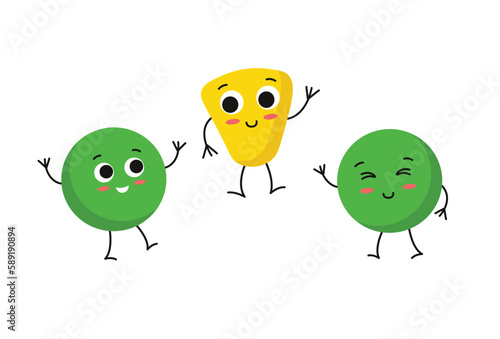 Concept Cute vegan corn and peas seeds vegetables. The concept is a flat vector illustration of vegan corn and pea seeds, which have been created using cartoon elements. Vector illustration.