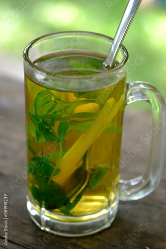 Wedang Sereh Mint Hangat, is a herbal drink made from palm seeds, mint leaves, warm water, and rock sugar. This drink can nourish the body and cure colds. Indonesian Drinks. 