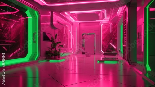 Vibrant Fusion: Magenta Pink and Bright Green Meet Futuristic Interior with Shiny Walls and Bionic Touch in Award-Winning 8K HD Desig, Generative AI