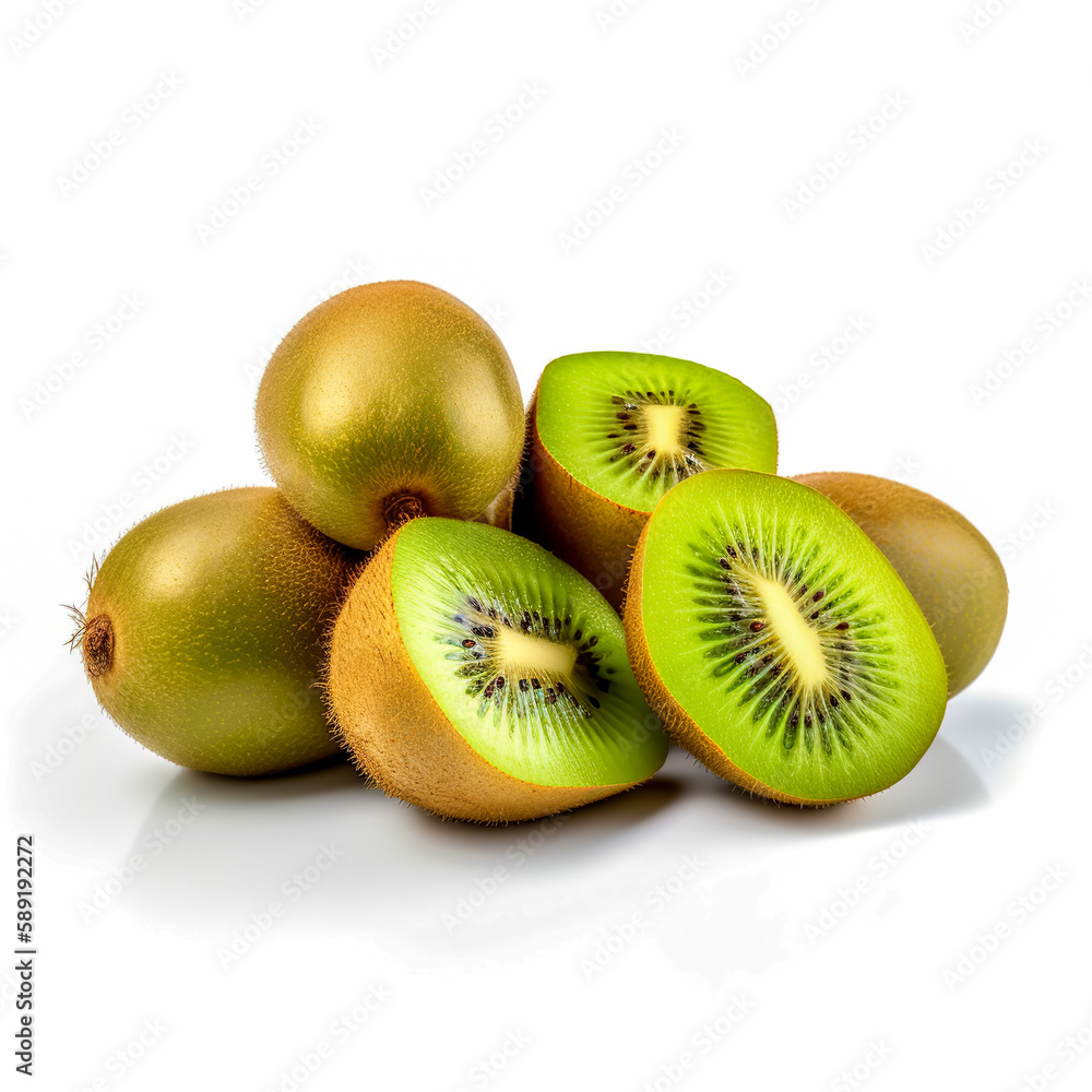 Fototapeta premium Ripe whole kiwi fruit and half kiwi fruit isolated on white background. Generative AI
