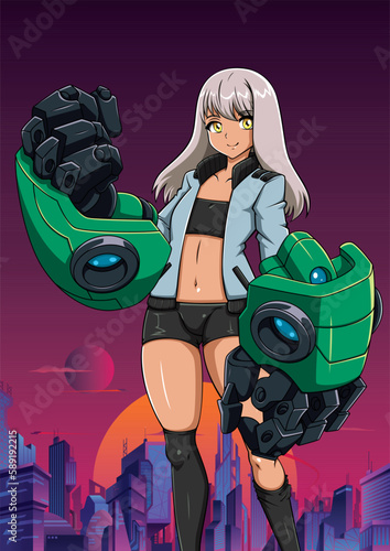 Anime Girl With Robotic Arms Vertical