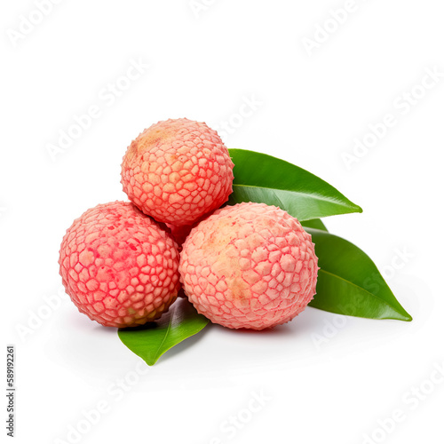 Juicy Lychee and leaves isolated on white background. Generative AI