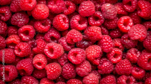 Background of fresh sweet red raspberries arranged together representing concept of healthy diet. Generative AI