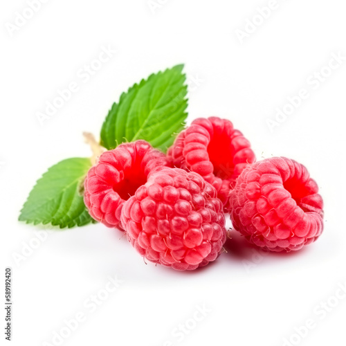 Isolated berries. Bunch of raspberry fruits with leaves isolated on white background. Generative AI