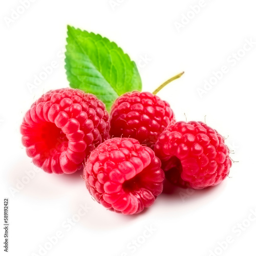 Isolated berries. Bunch of raspberry fruits with leaves isolated on white background. Generative AI