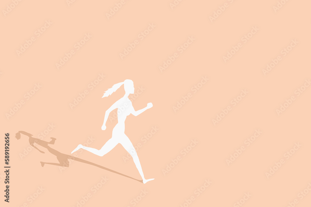 Silhouette of a woman running forward. Concept, Beige background