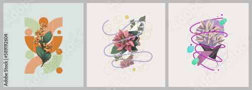 Abstract minimalist Art. Mixed style, geometric shapes and plants. Flowers, leaves. Set of vector paintings. Bauhaus. Backgrounds for poster, banner, print.