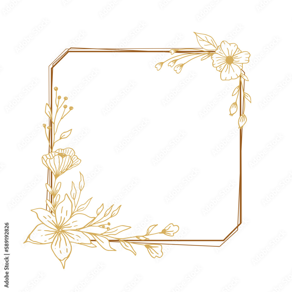 Obraz premium Elegant gold square floral border with hand drawn leaves and flowers for wedding invitation, thank you card, logo, greeting card