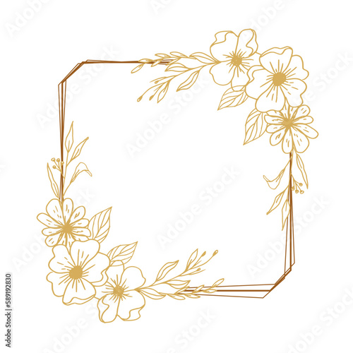 Elegant gold square floral border with hand drawn leaves and flowers for wedding invitation  thank you card  logo  greeting card