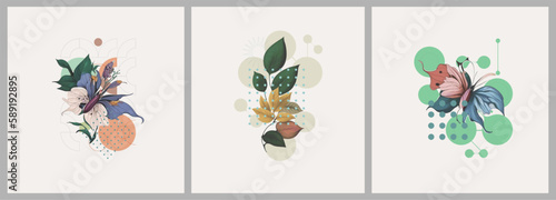 Abstract minimalist Art. Mixed style, geometric shapes and plants. Flowers, leaves. Set of vector paintings. Bauhaus. Backgrounds for poster, banner, print.