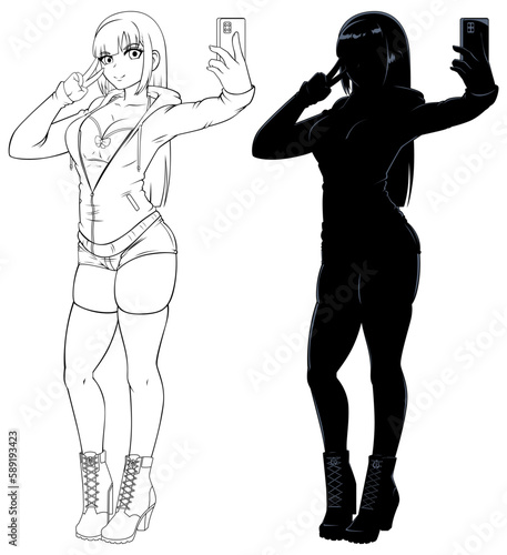 Anime Selfie Line Art and Silhouette