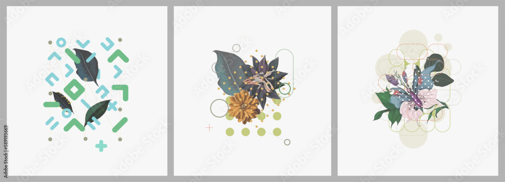 Abstract minimalist Art. Mixed style, geometric shapes and plants. Flowers, leaves. Set of vector paintings. Bauhaus. Backgrounds for poster, banner, print. - obrazy, fototapety, plakaty 