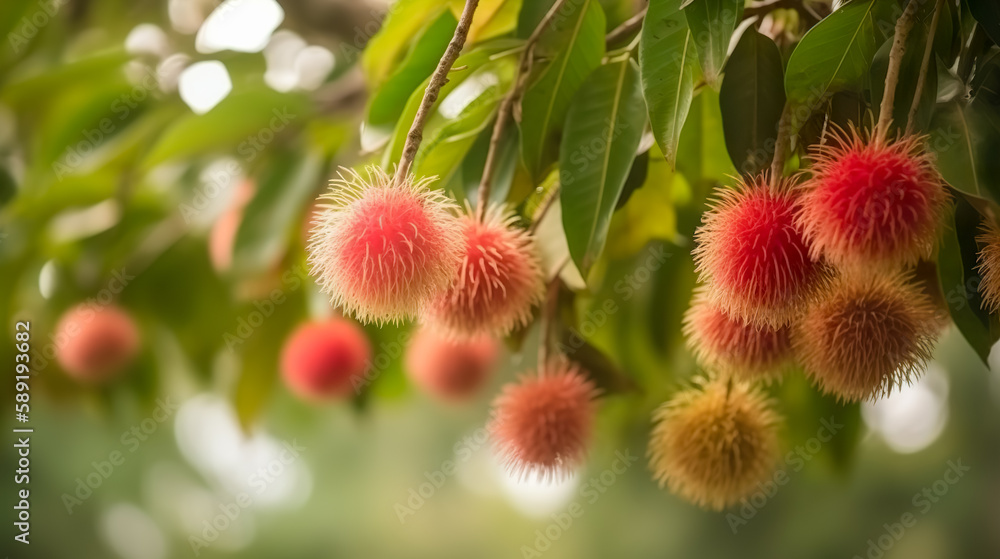 rambutan fruit on tree Thai fruit that tastes sweet and delicious when ripe, red. Generative AI rambutan fruit on tree Thai fruit that tastes sweet and delicious when ripe, red. Generative AI