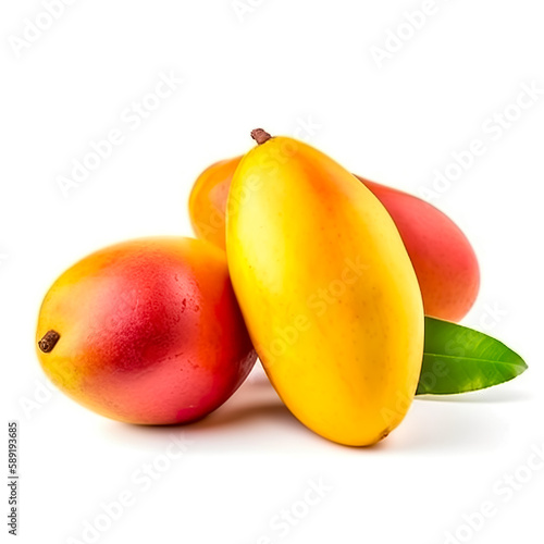mango fruit and leaves isolated on white background. Generative AI