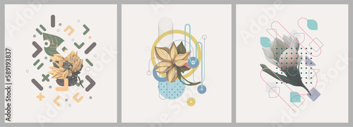 Abstract minimalist Art. Mixed style, geometric shapes and plants. Flowers, leaves. Set of vector paintings. Bauhaus. Backgrounds for poster, banner, print.