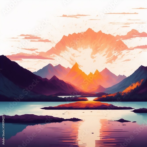 Beautiful Lake View, mountaint view, Vector Art Style Illustration, generative AI © Szymek