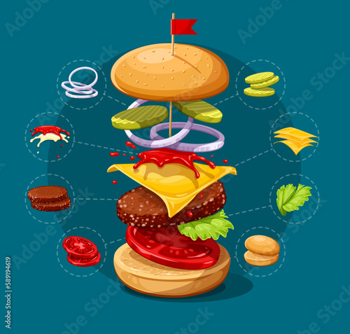 Wallpaper Mural Cheeseburger ingredients set. Hamburger with beef meat cutlet, cheese, splashing sauces construction scheme. Burger tomato, pickled cucumbers, onion rings. Vector illustration Torontodigital.ca