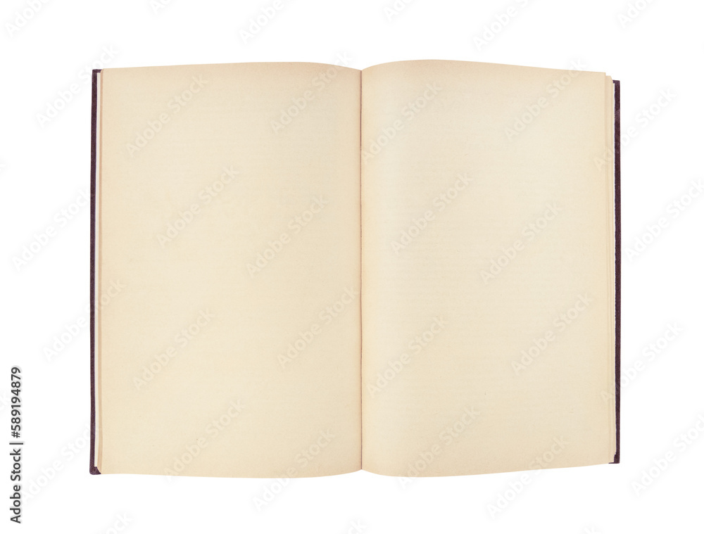 Old open book with empty pages isolated on transparent background.	