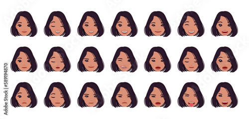 Business brunette woman, attractive lady emotion set, office manager portrait employee bundle. Different face icon, positive, negative pic. Vector flat style cartoon circles isolated, white background