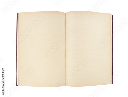 Old open book with empty pages isolated on transparent background.	