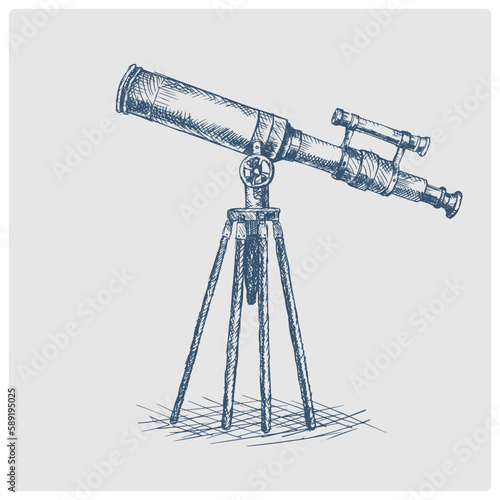 Old telescope sketch obsolete blue style vector illustration. Old hand drawn azure engraving imitation.