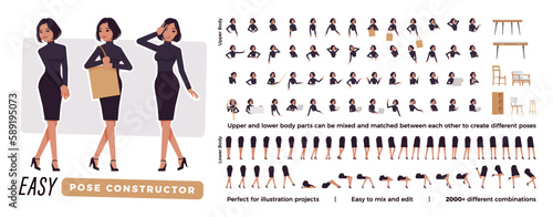 Business woman brunette character easy pose constructor. Office girl drag drop set, female assistant body match, figure building. Vector flat style cartoon construction kit isolated, white background