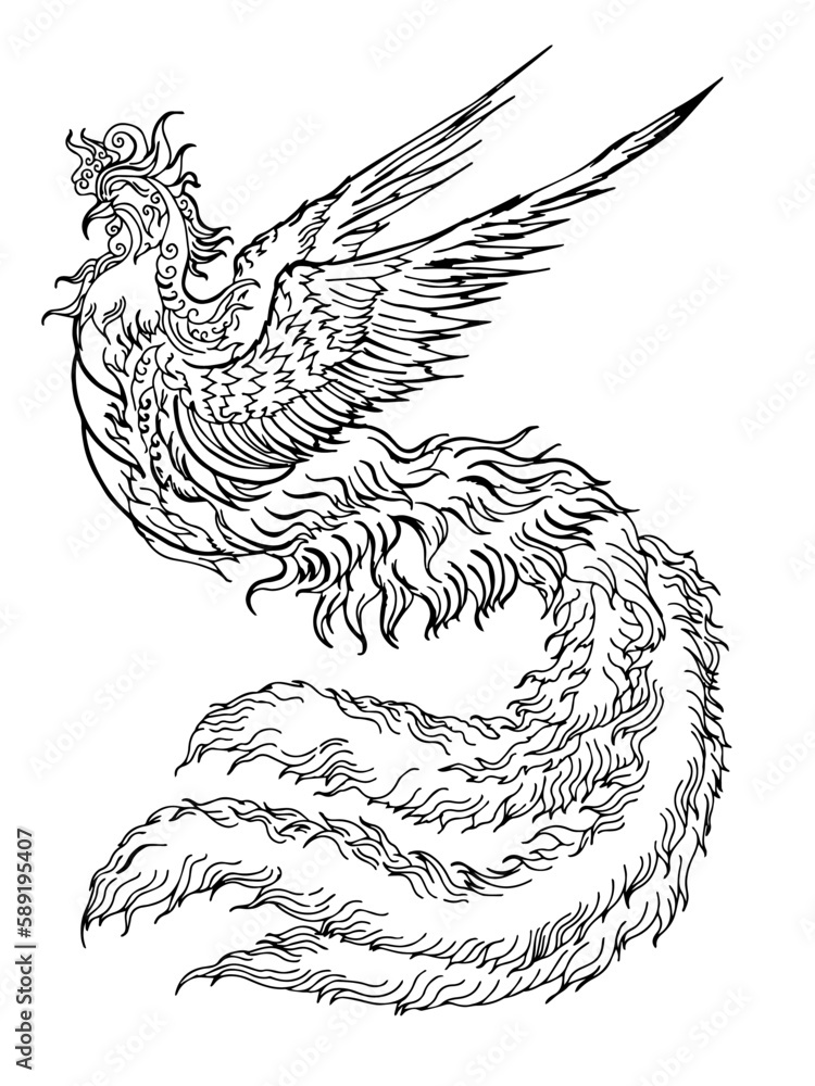 Fototapeta premium Design asian phoenix bird element outline art